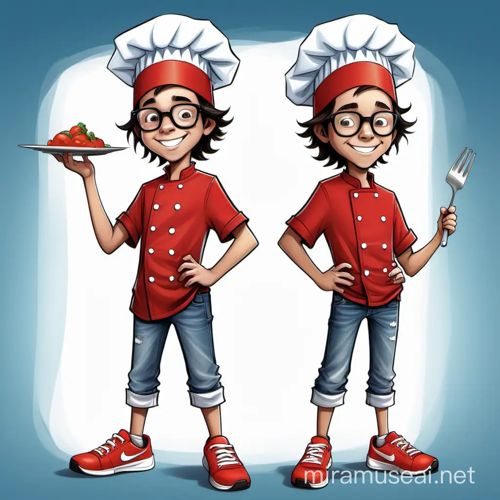 character sheet, children's book illustration, 8 year old boy, long dark brown hair, oversized glasses, kid chef, chef hat, red t shirt, skinny jeans, nike trainers, smile, cooking