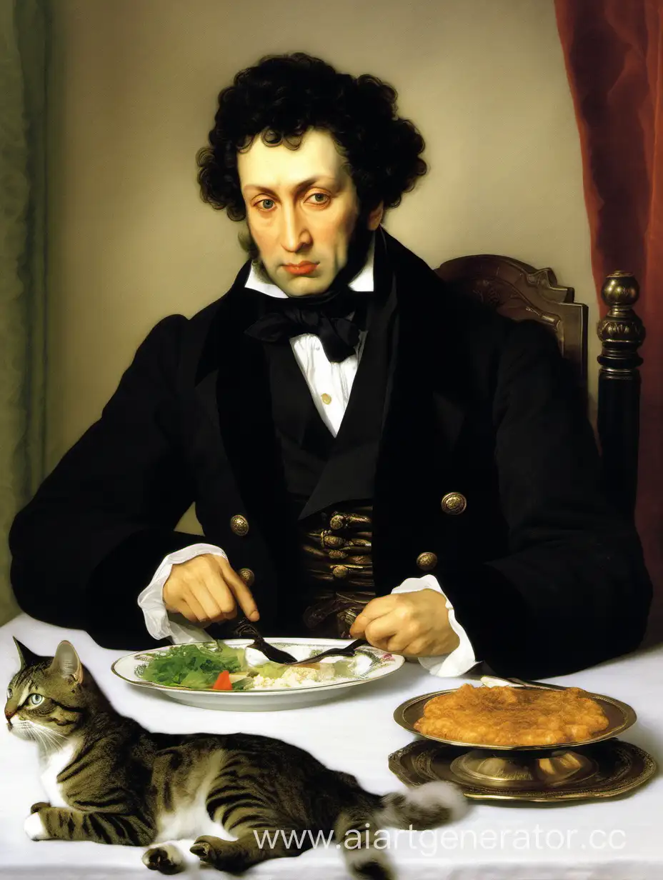 Пушкин сидит за столом и ест