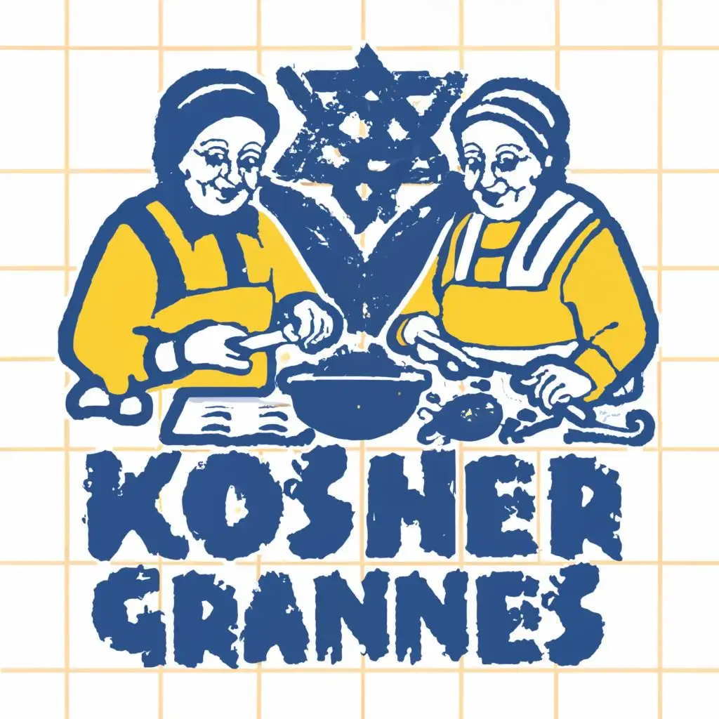 logo, Israel, yellow, blue, white, Jewish food and traditional Jewish grannies cooking, Paul Klee, with the text 'Kosher Grannies', in Portuguese tiles, typography, be used in Automotive industry