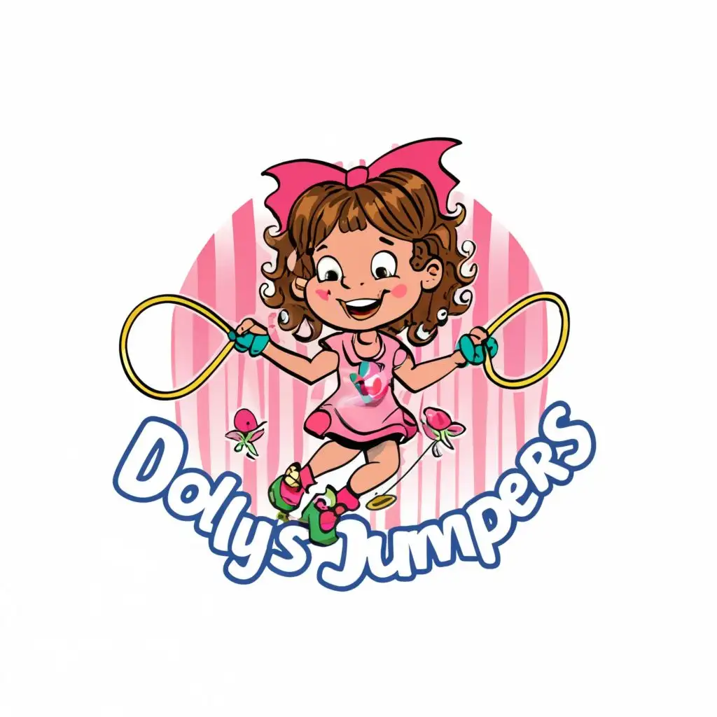 logo, caucasian green eye curly brown hair little girl wearing pink named Dolly with a jump rope, with the text "Dolly's Jumpers"