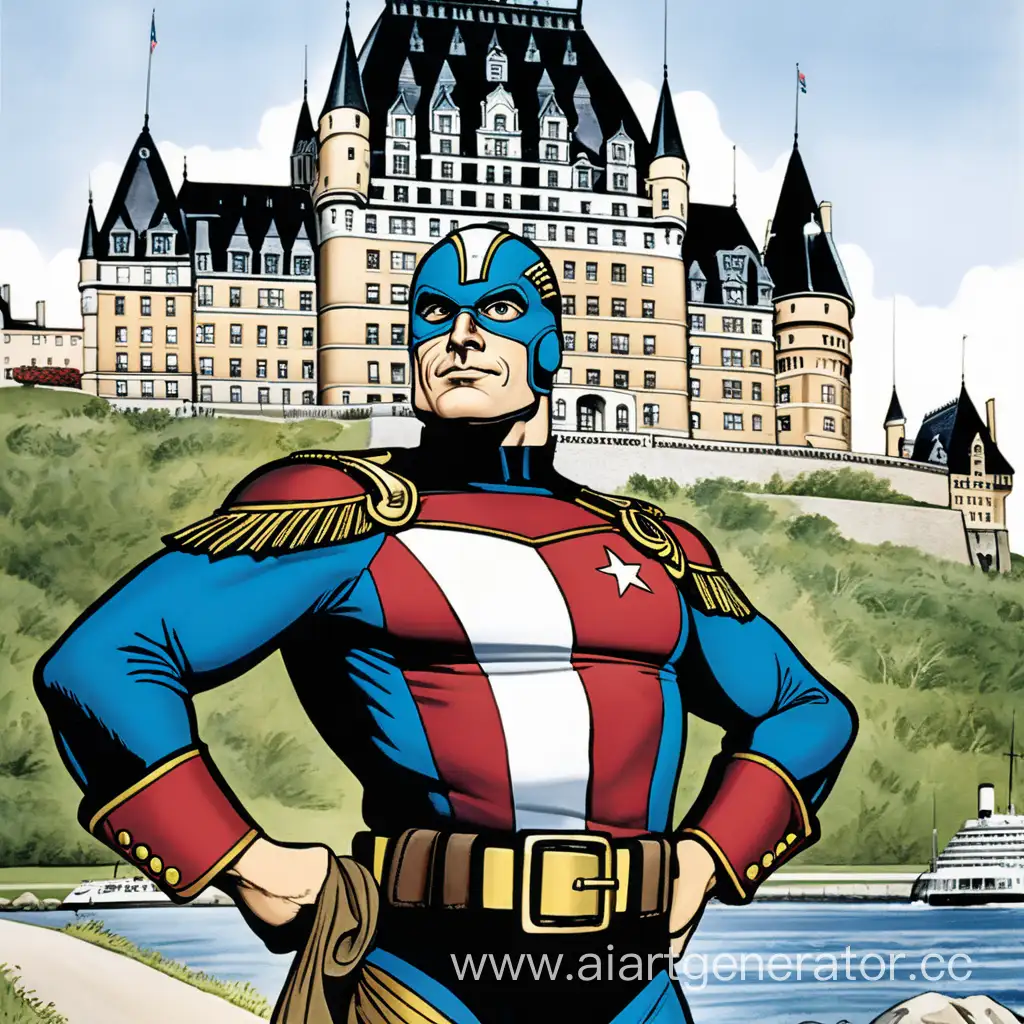 un personnage de bande dessiné style super héros capitaine Québec devant le château Frontenac sur la première page d'une bande dessiné
