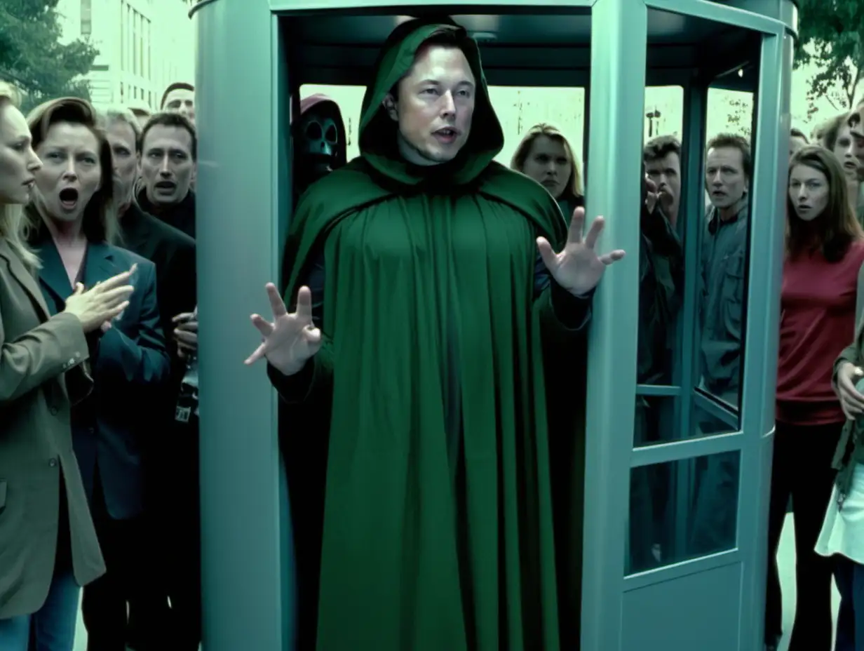 1999 dvd screen grab of a Elon musk as dr doom, he is standing in a phone booth with people around, the people are scared