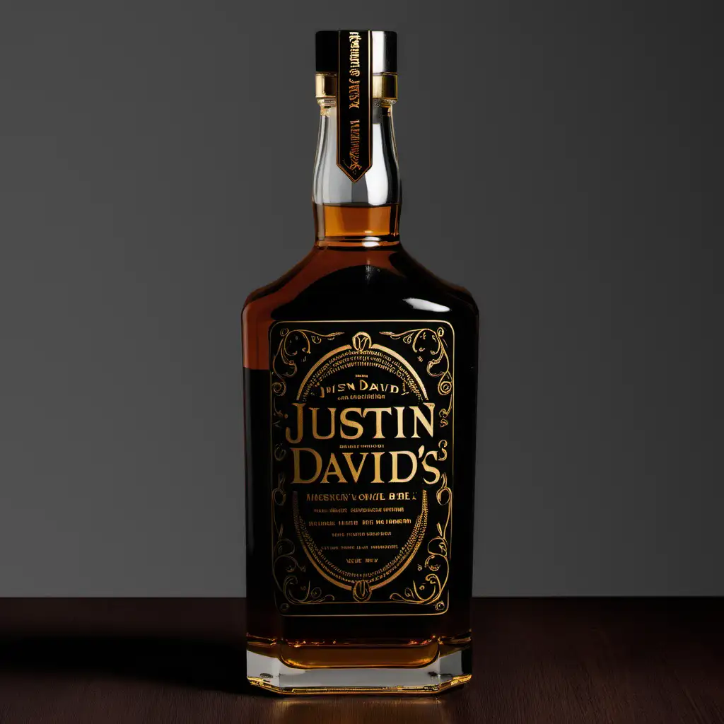 Whiskey bottle, Justin David's label, black and gold
