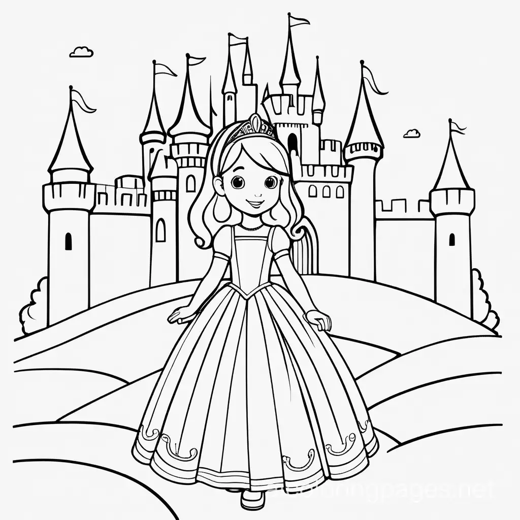 """
Girl princess dress deatail and background castle, Coloring Page, black and white, line art, white background, Simplicity, Ample White Space. The background of the coloring page is plain white to make it easy for young children to color within the lines. The outlines of all the subjects are easy to distinguish, making it simple for kids to color without too much difficulty, Coloring Page, black and white, line art, white background, Simplicity, Ample White Space. The background of the coloring page is plain white to make it easy for young children to color within the lines. The outlines of all the subjects are easy to distinguish, making it simple for kids to color without too much difficulty
"""