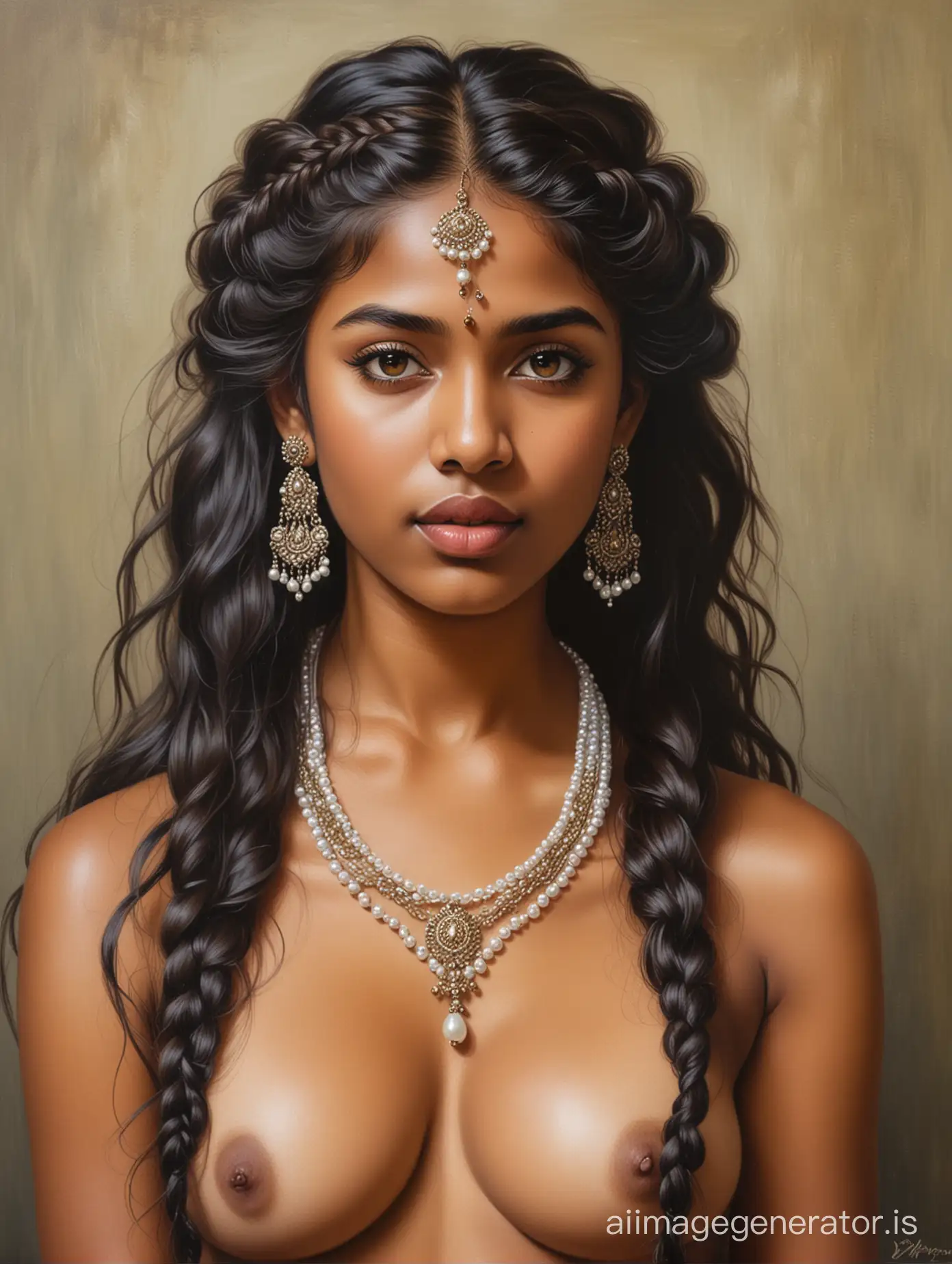 Cole front view oil painting of an extraordinarily beautiful nude Tamil princess with long flowing braided hair wearing pearls