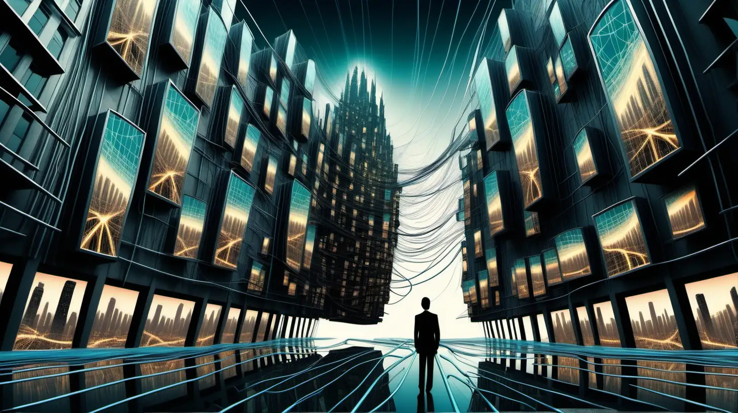 Prompt:

A hyperlinked cityscape in the style of Salvador Dali, where chrome skyscrapers bend and weave like tangled data cables, their windows glowing with fragmented web pages instead of light. Streets flow like cascading code, lined with holographic advertising glitches depicting augmented reality dreams. In the foreground, a lone cyborg figure with glowing neural implants navigates the digital torrent, their reflection fractured across a thousand broken screens. 
