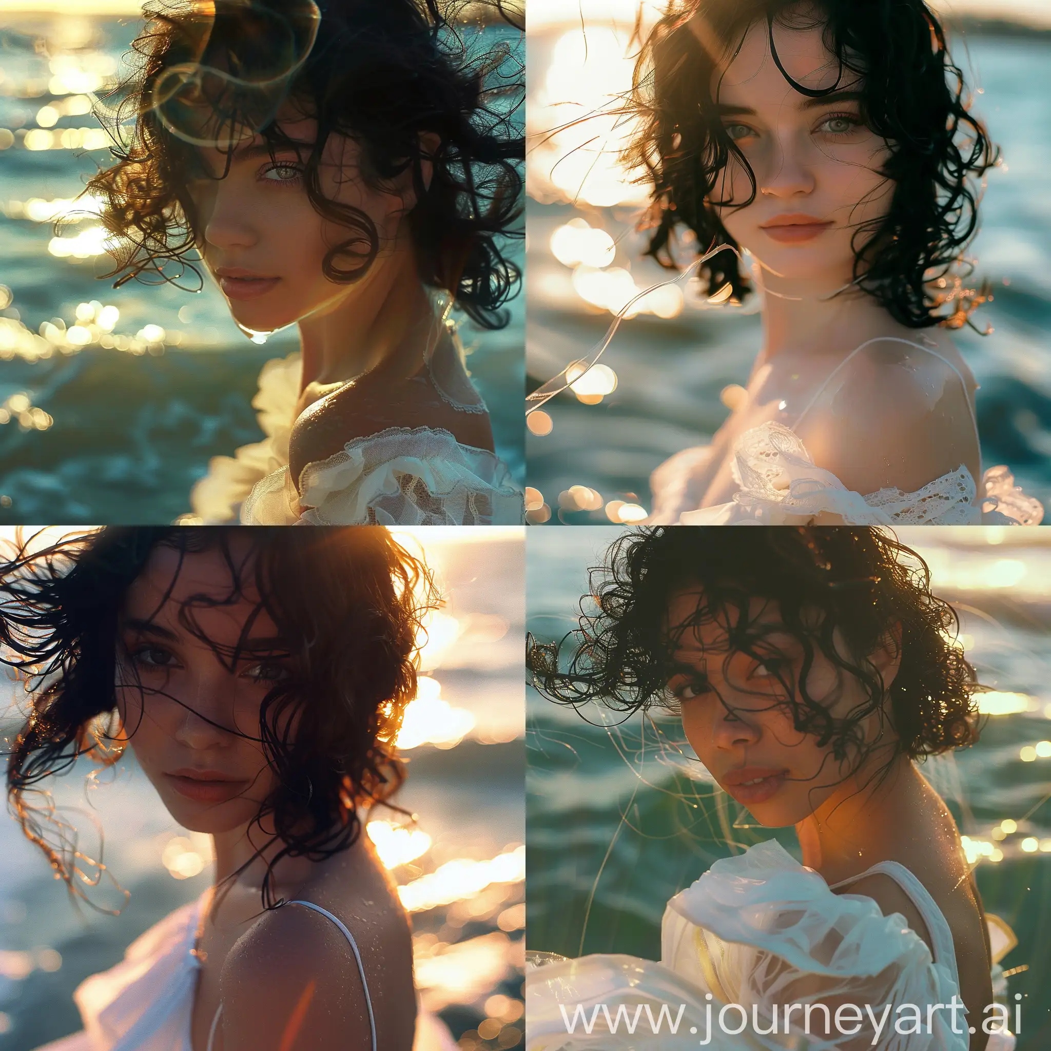  Retrato de una señorita de 18 años, primer plano, luz de fondo, puesta de sol, ondas de agua, vestido blanco, viento, reflejo de agua en la cara, cabello negro con churos, colores de película, luz solar