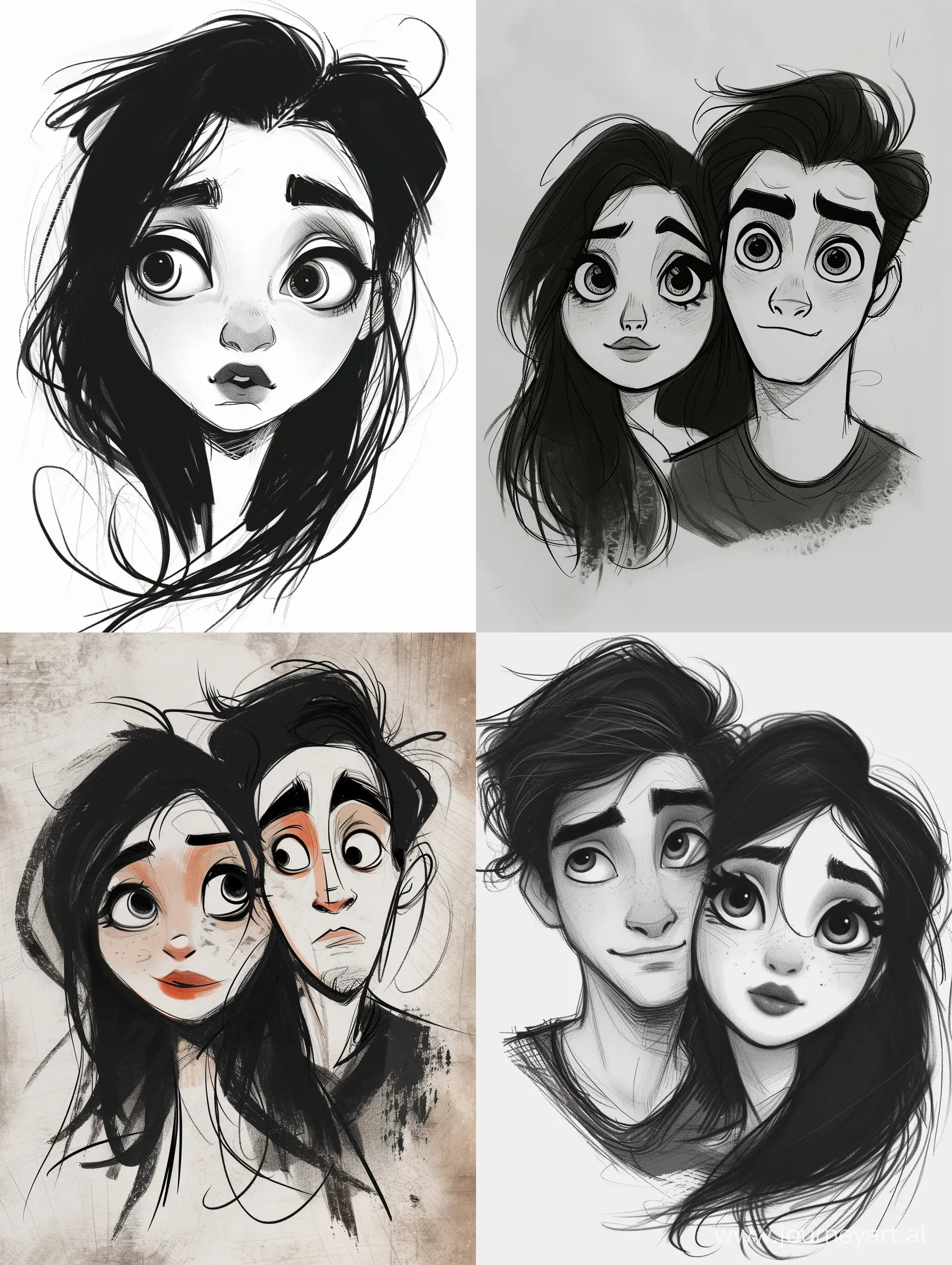 an Bangladeshi couple, sketched drawing, matisse style, the girl Bangladeshi has beautiful eyes and her hair is long length, her hair is black and cool style, her nose is big and wide, a single eyebrow, wider lips, oval face shape in 4k quality, girl is cute vibes with sexy eyes and beautiful