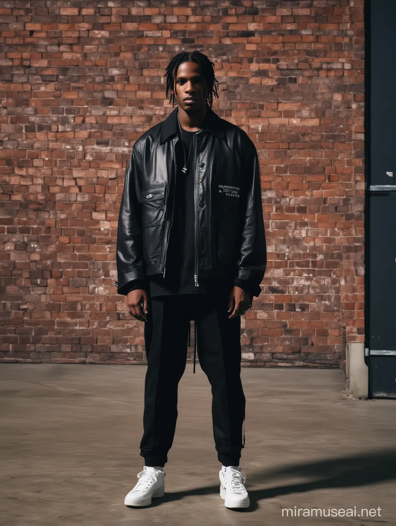 A$AP Rocky x Raf Simons: Against the backdrop of an industrial warehouse, A$AP Rocky exudes effortless cool in Raf Simons' avant-garde streetwear. Moody lighting and bold architecture set the stage for Rocky's edgy style and fearless attitude.