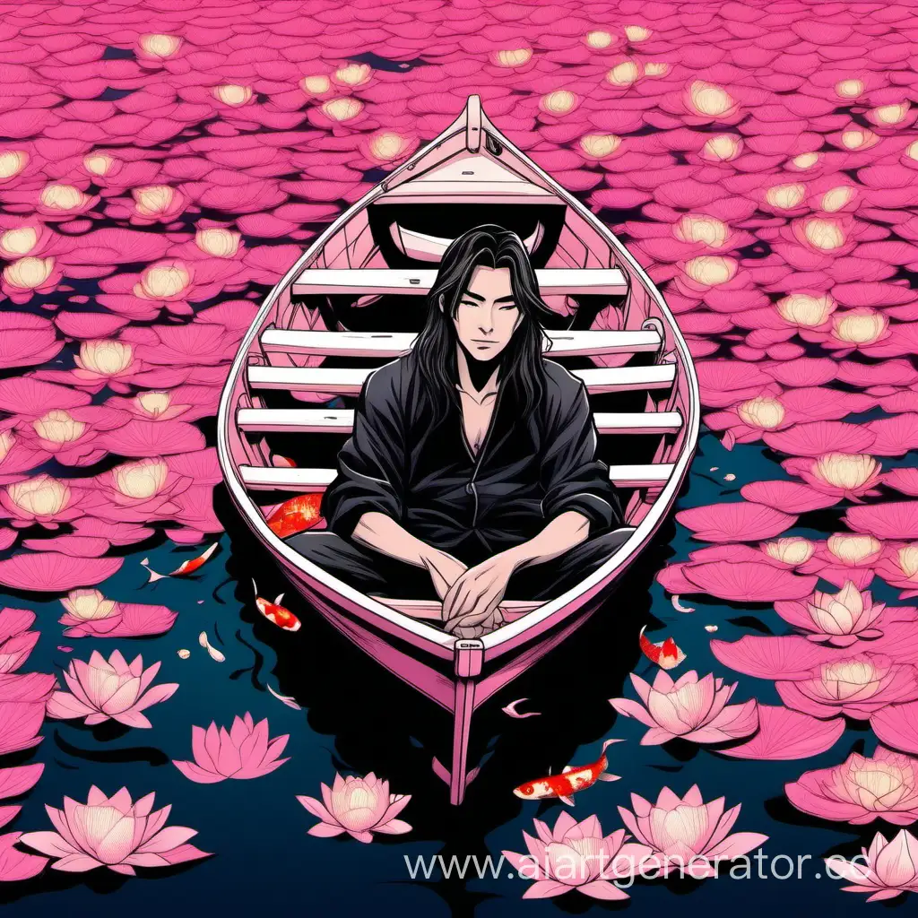 Asian-Man-Relaxing-in-Pink-Water-Lily-Lake-with-Koi-Carp