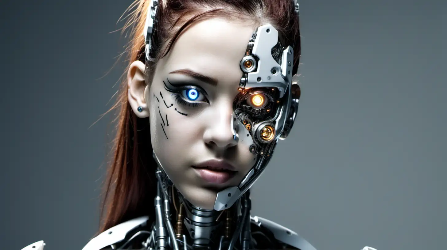 Cyborg woman, 18 years old. She has a cyborg face, but she is extremely beautiful. 