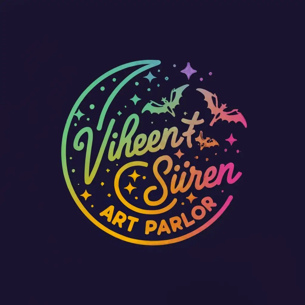 a logo design, with the text "Viholent Siren Art Parlor", main symbol: Crescent moon, bats, magic sparkles, neon colors