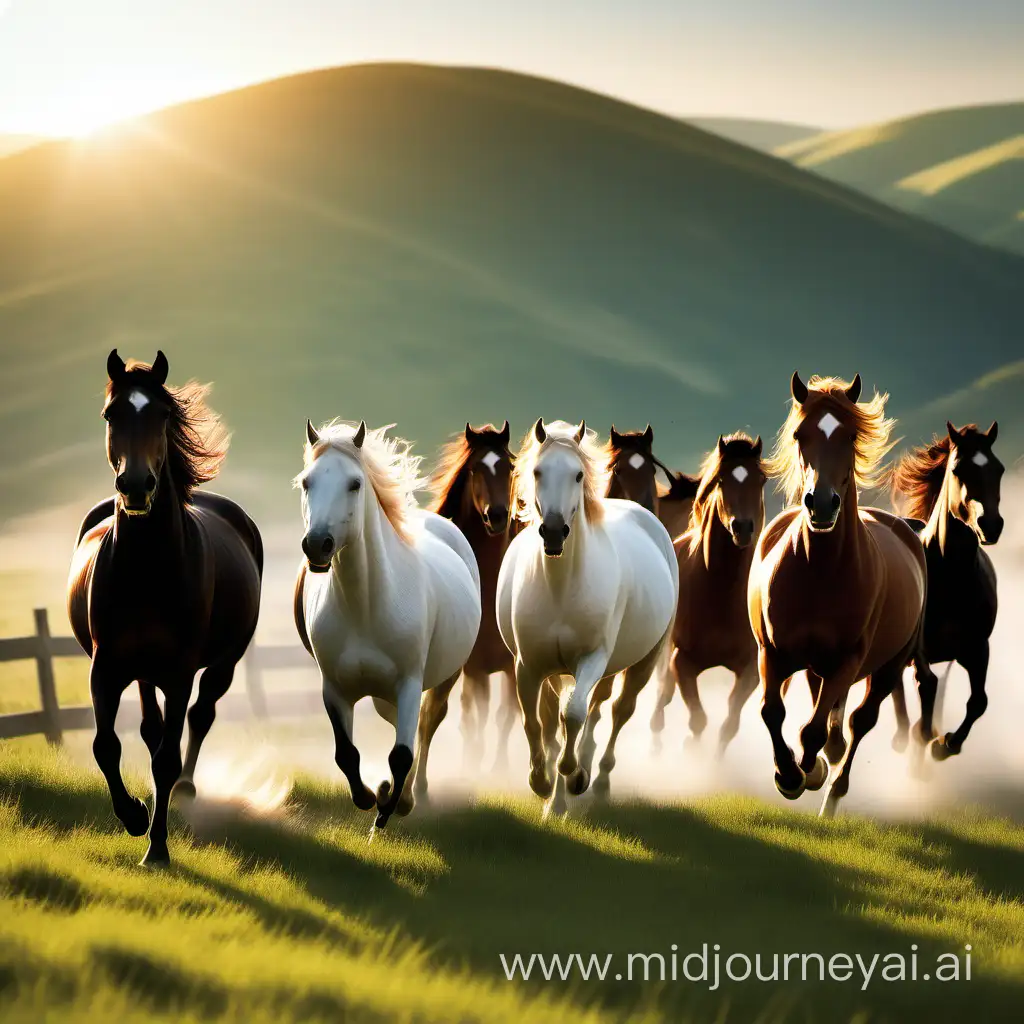 
In a vast, picturesque grassland, a multitude of beautiful horses gallop freely. The sun illuminates their sleek coats as they run, creating a mesmerizing sight against the backdrop of rolling hills and swaying grass. It's a scene of pure, untamed beauty, where the wild spirit of these magnificent creatures harmonizes perfectly with the serene landscape.