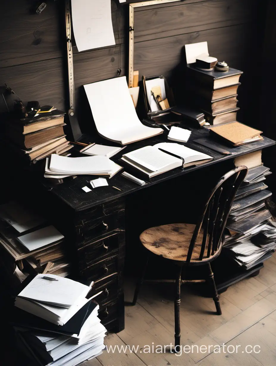 письменный стол из черного дерева, небольшой беспорядок, тетради, учебники, бумаги и документы