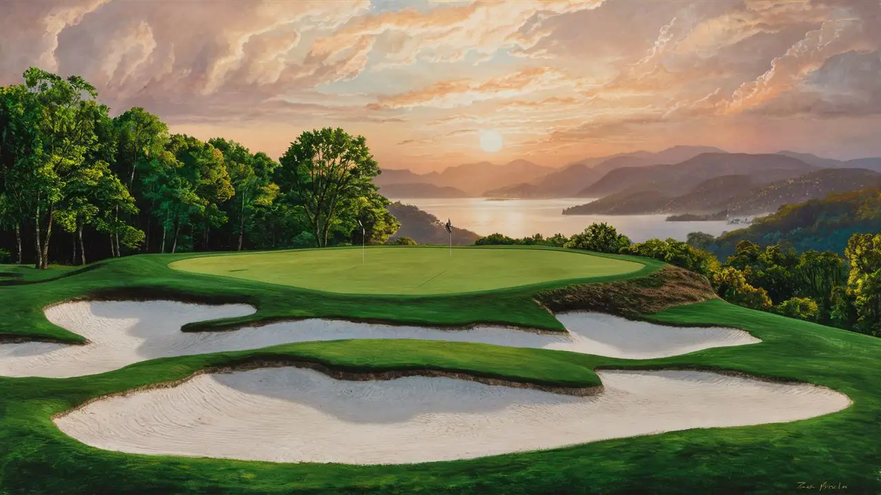 painting of top of the rock golf course 9th hole, white sand bunkers in front, Perched high atop the hills and stare straight at the magnificent view of Table Rock Lake from the tee as the sun sets