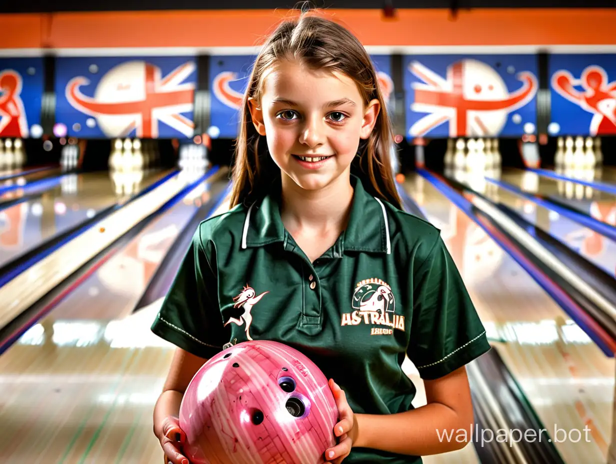 In the background are bowling alley lanes. In the foreground holding a bowling ball and wearing a team shirt is a fit young Australian girl.