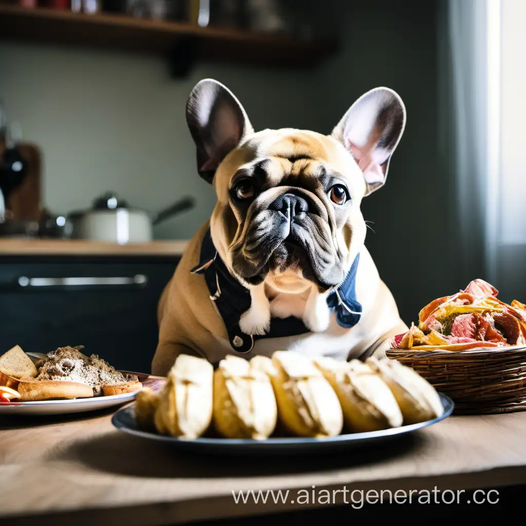 A very fat French bulldog with food

