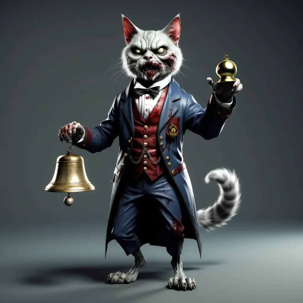 реалистичный зомби кот дворецкий в средневековом одеянии со колокольчиком в лапах  в полный рост