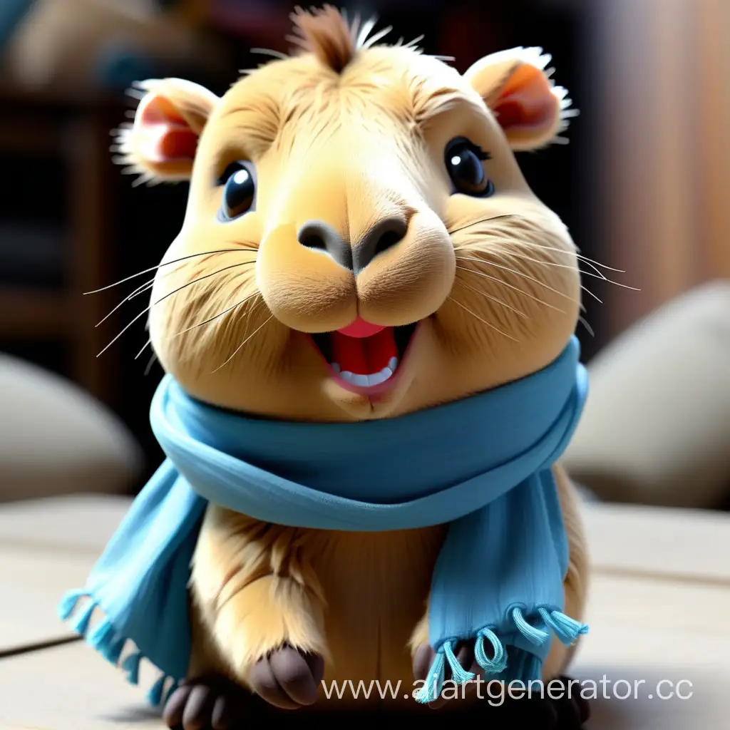 Милая улыбающаяся плюшевая игрушка капибара в синем шарфике 