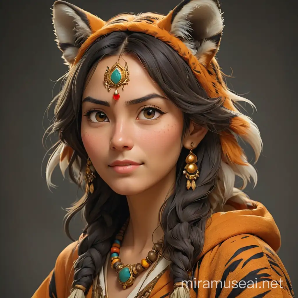 Traditional Woman with Tiger Ears Majestic Portrait of Wisdom and Tradition