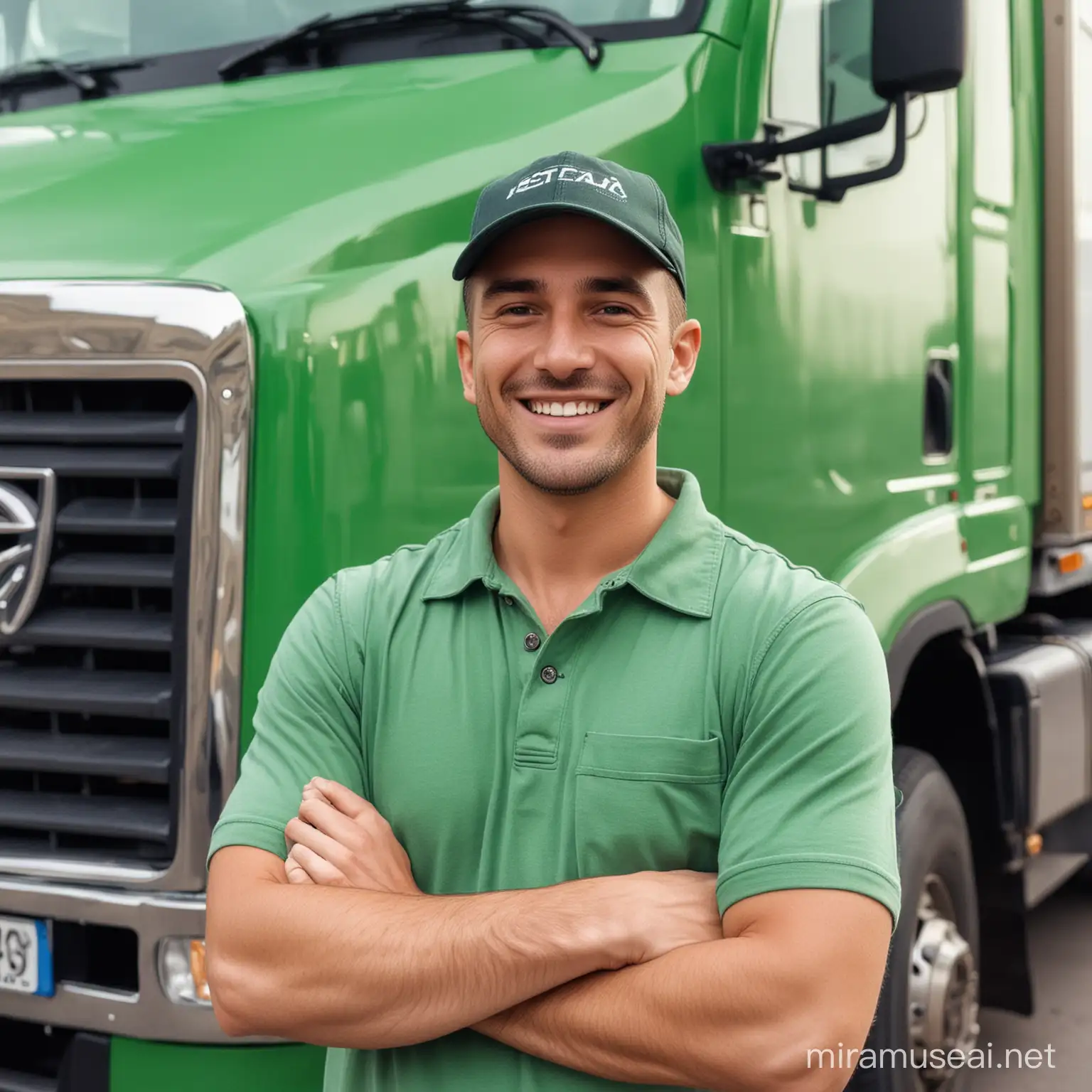 caminhoneiro feliz usando camisa verde, na frente do caminhão