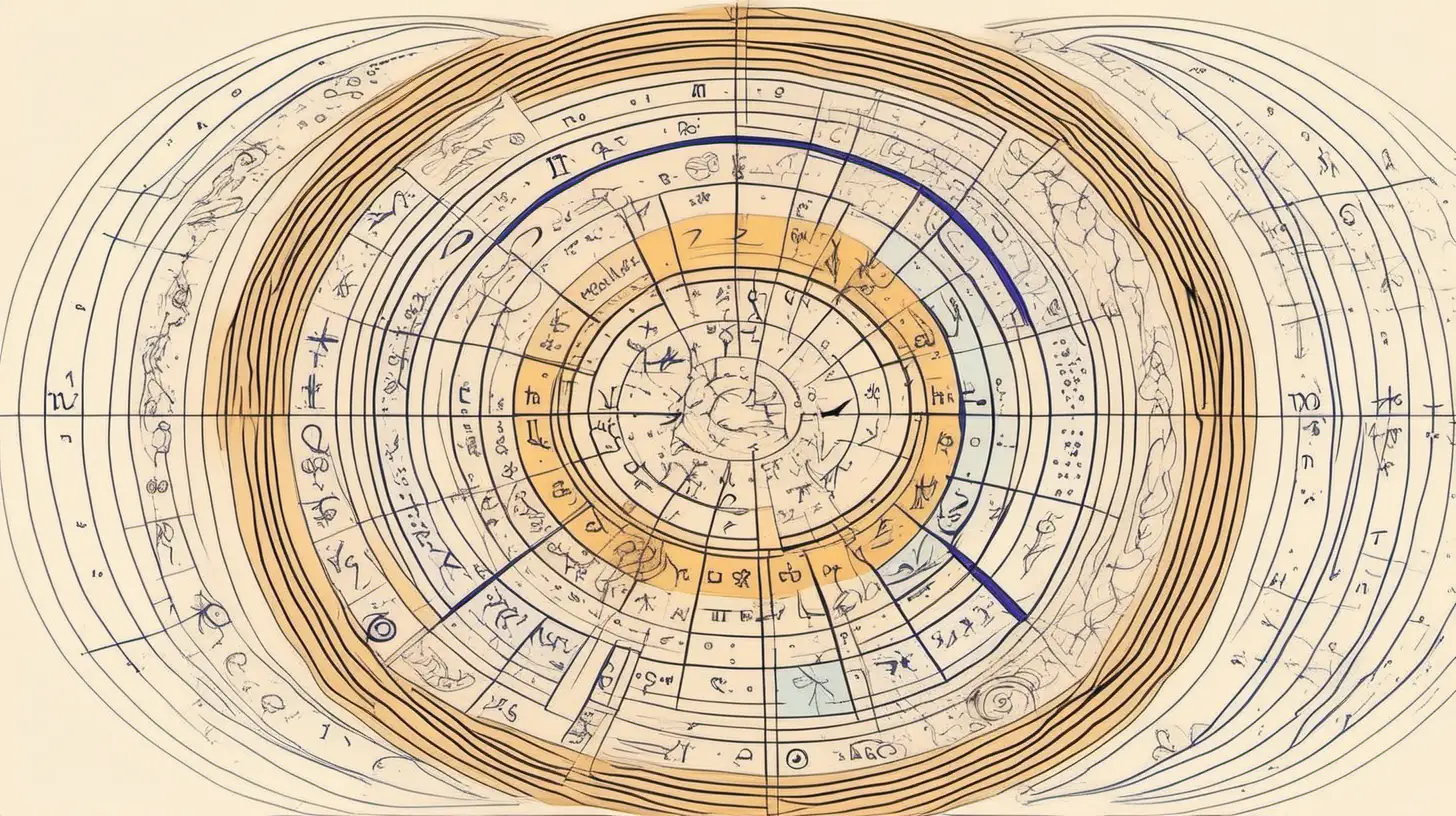 astrology circle drawing divided into 12 sections. Have zodiac symbols on it. front view, loose and uncontinous lines, , loose lines, , less is more, reneissance colors