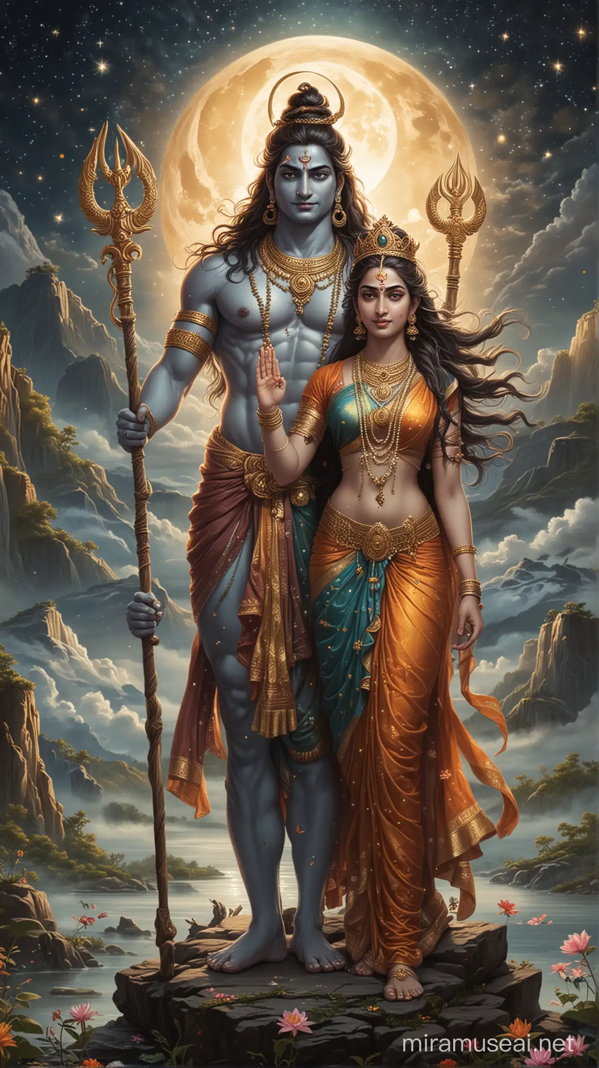 A high-quality, mesmerizing illustration of Lord Shiva and Goddess Parvati standing together, set against a serene, celestial backdrop. Shiva is depicted in his classic form, adorned with a third eye, serpent garlands, and a crescent moon on his head. He holds a trident in one hand and a damru in the other, exuding an aura of peace and power. Parvati, by his side, is beautifully adorned with an assortment of jewelry and a crown, emanating grace and elegance. Their surroundings are an otherworldly landscape, with floating lotus flowers, celestial bodies, and a gentle halo of light.
