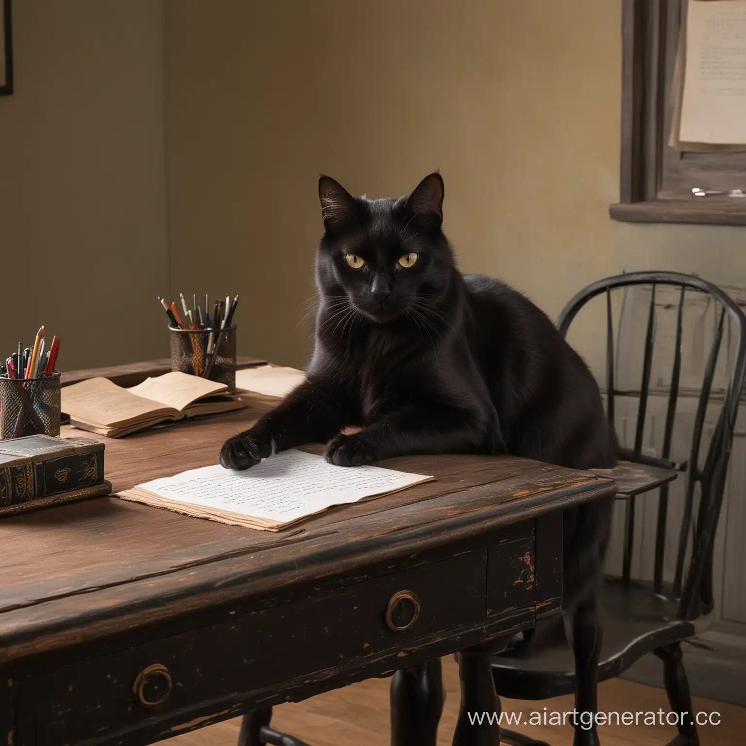 Черный кот сидит за письменным столом и пишет тексты