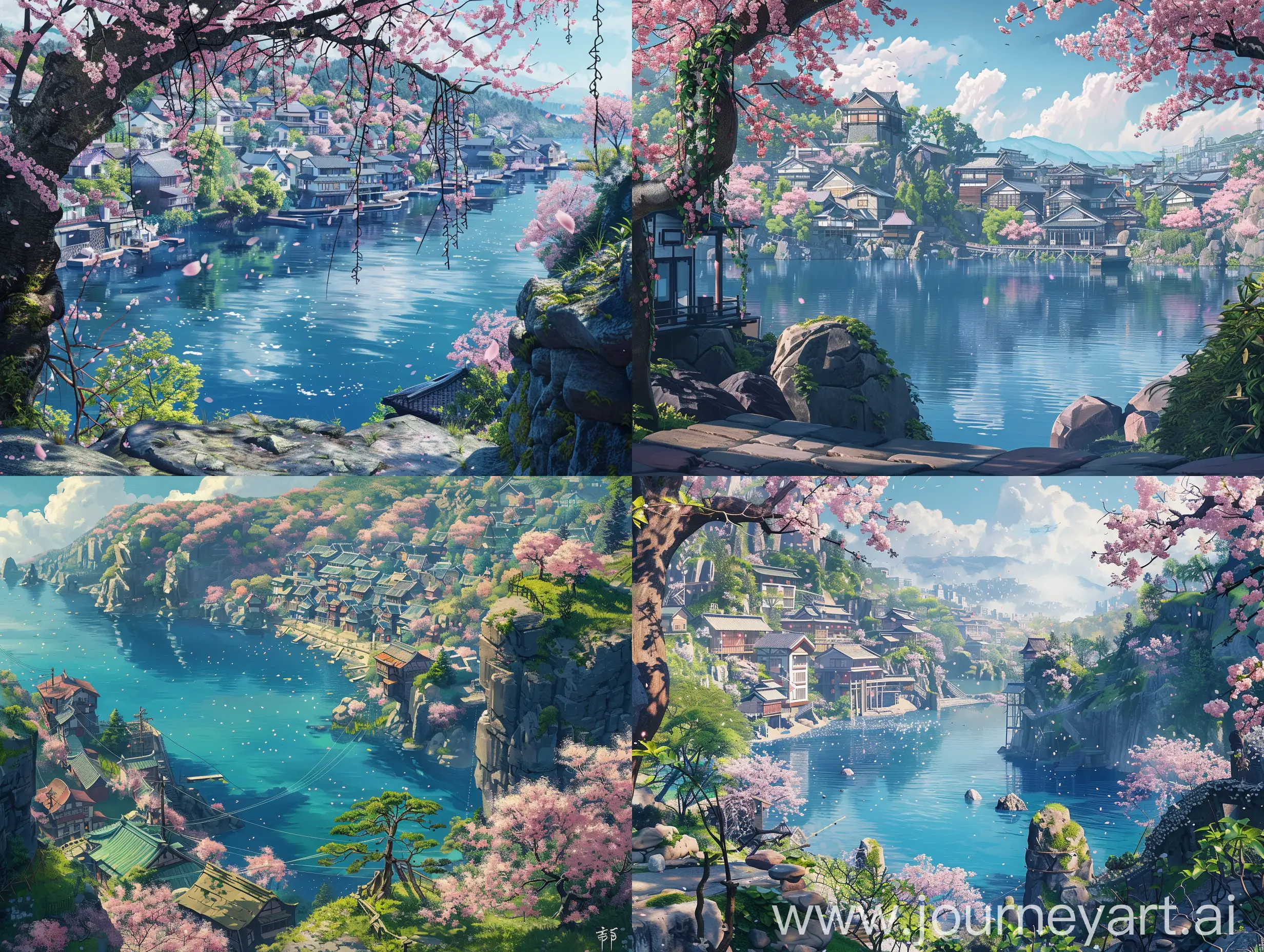 anime style, masterpiece, best quality, intricate, highres, lake, water, city, cherry blossoms, trees, vines, beautiful scenery, rocks, houses, rational construction, beautiful lighting, cartoon style, illustration, ghibli, anime, manga, fantasy, beautiful, High saturation, cinematic look, clear, highly detailed, sharp focus, hyperdetailed, highres,
