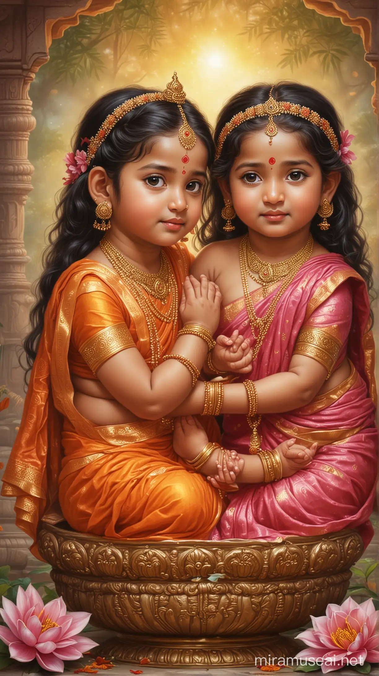 Two female hindu goddesss babies , surrounded by traditional hindu image for love, strength and prosperity and include little, realistic 
