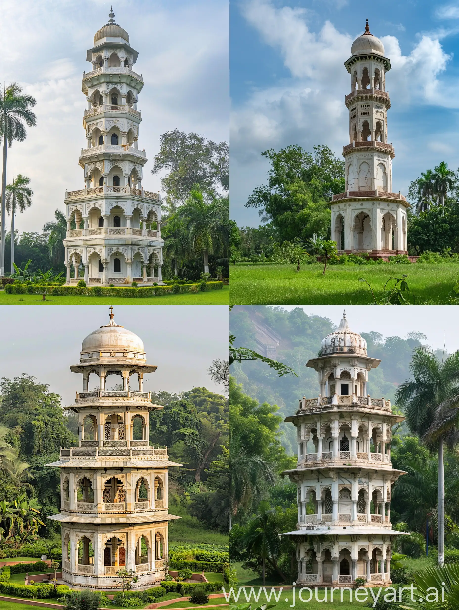 a multilevel Mughal minaret, large Mughal domed cupola at the top, Mughal arched windows, Mughal arches, White marbled having Mughal pietra dura decorations on spandrels, standing isolated in a lush green field --ar 3:4
