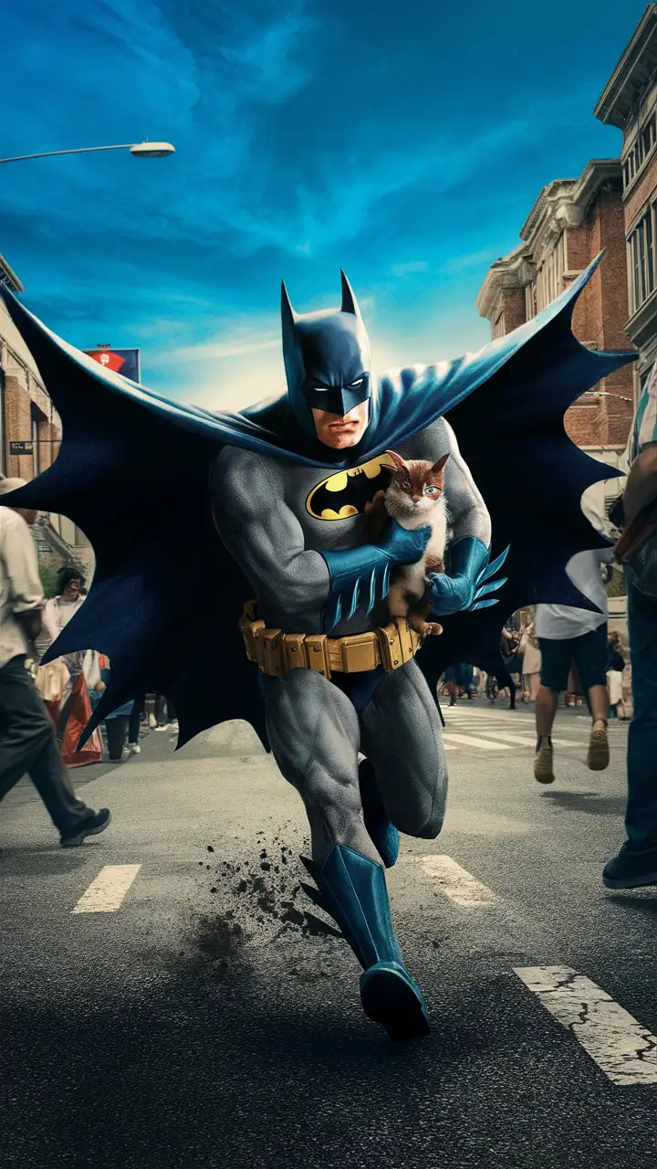 Batman Running with a Cat on Urban Street in Daylight