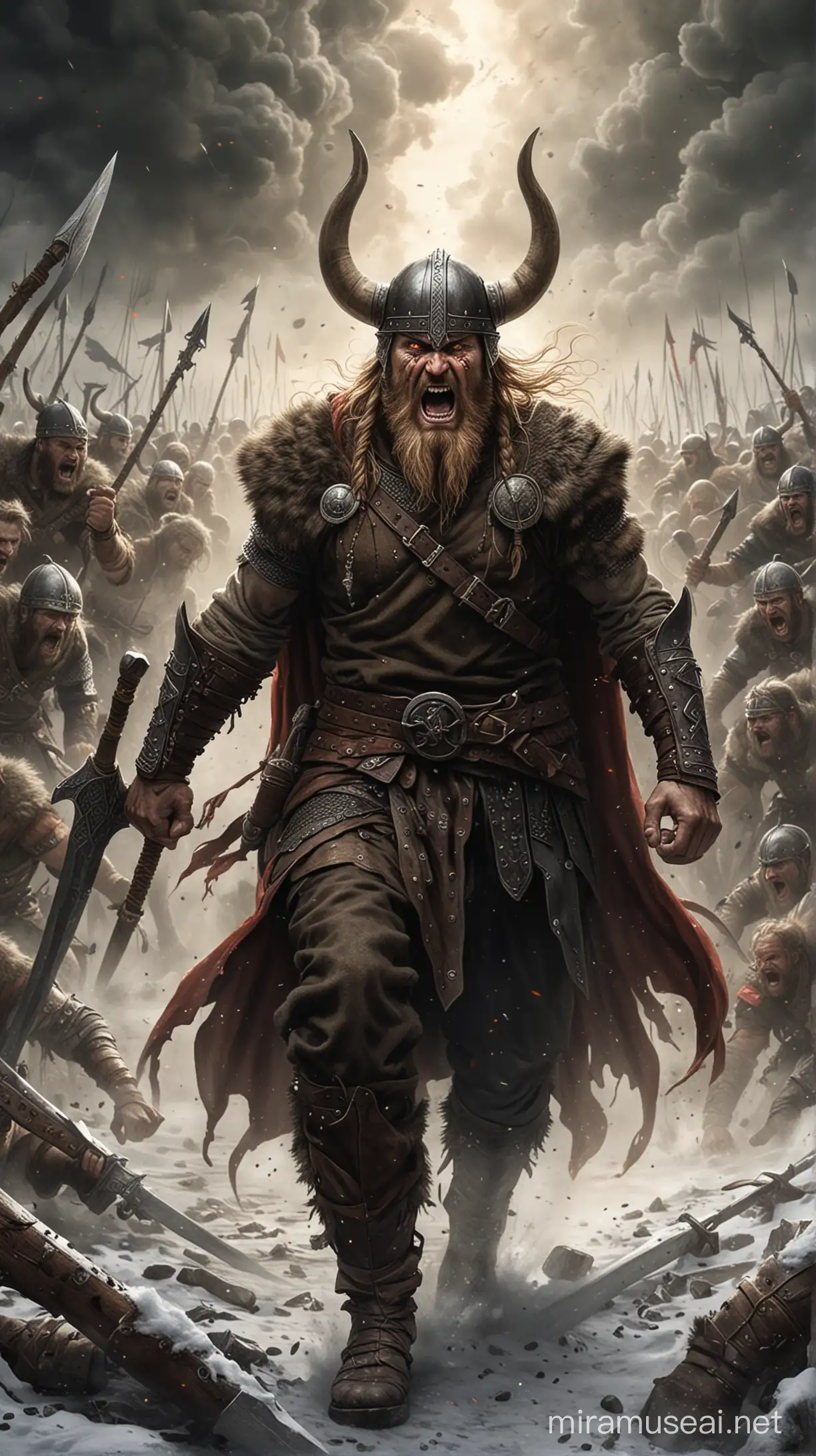 A drawing depicting a Viking warrior entering a "berserk" trance-like state before battle: The Viking warrior is depicted with a fierce look, eyes gleaming with rage, and transformed in preparation for battle. In the background, there is an atmosphere of excitement as warriors eagerly await the impending conflict.


