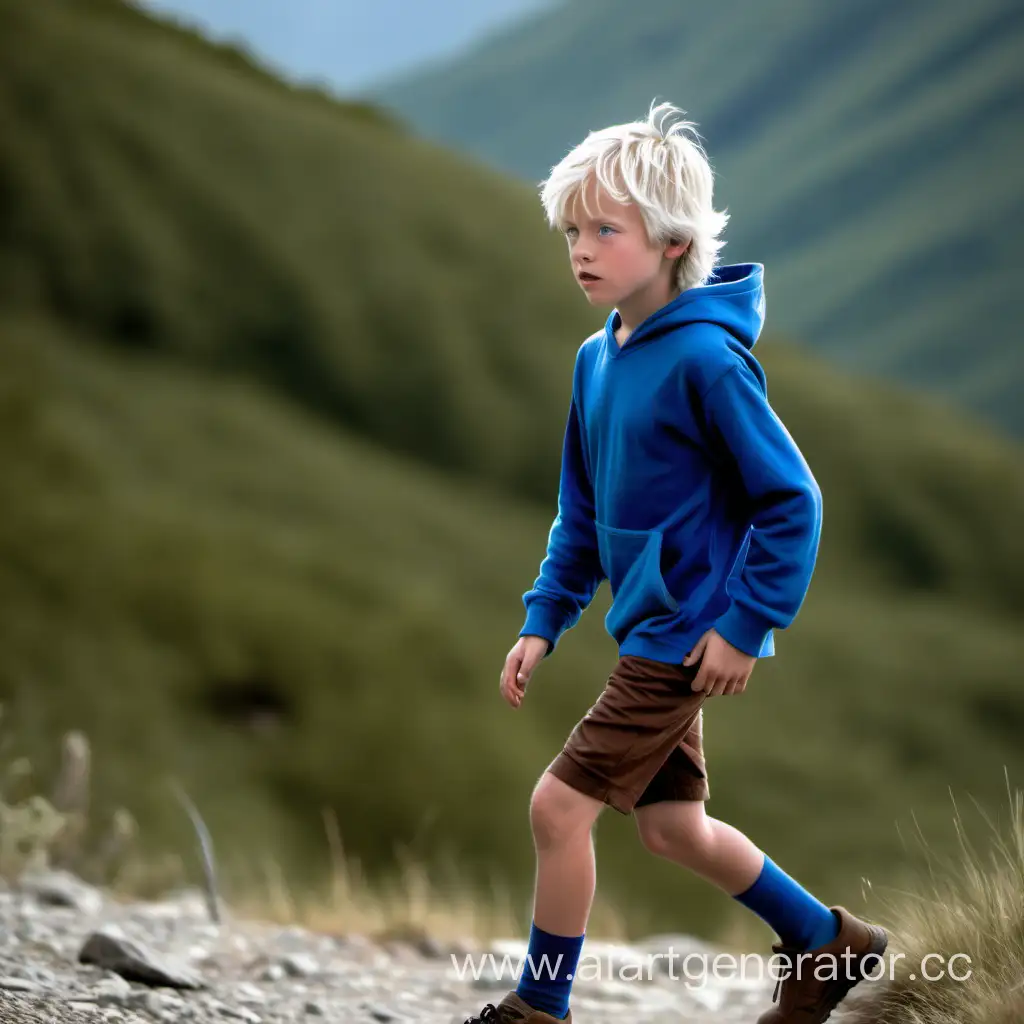 A 10-year-old boy with white shaggy hair and blue eyes, He's walking through the mountains, he is wearing a blue hoodie and brown shorts, He's thin