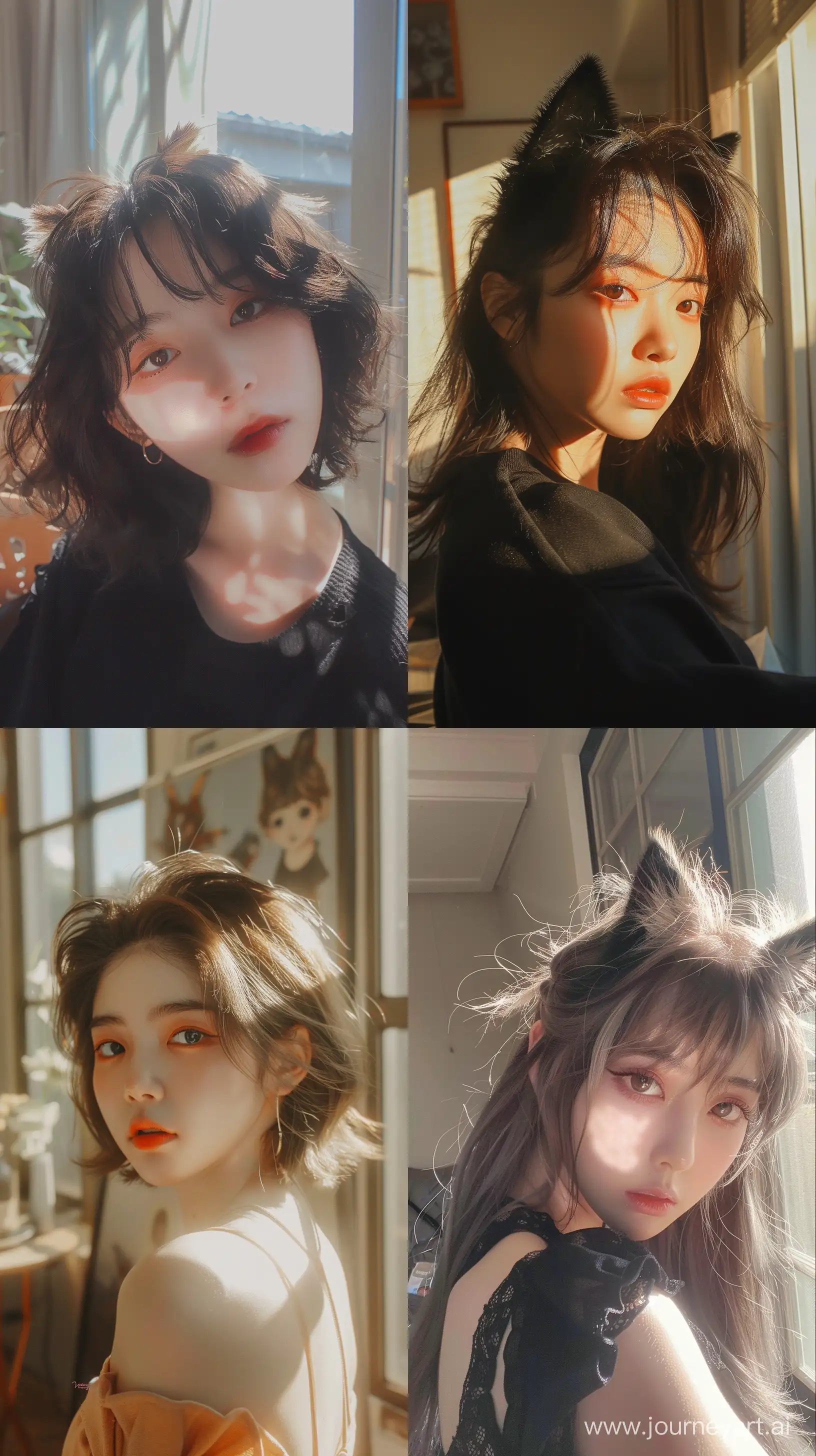 a aestethic instagram selfie of korean e girl with wolfcut hairstyle and wide set eyes in sunlit room --ar 9:16