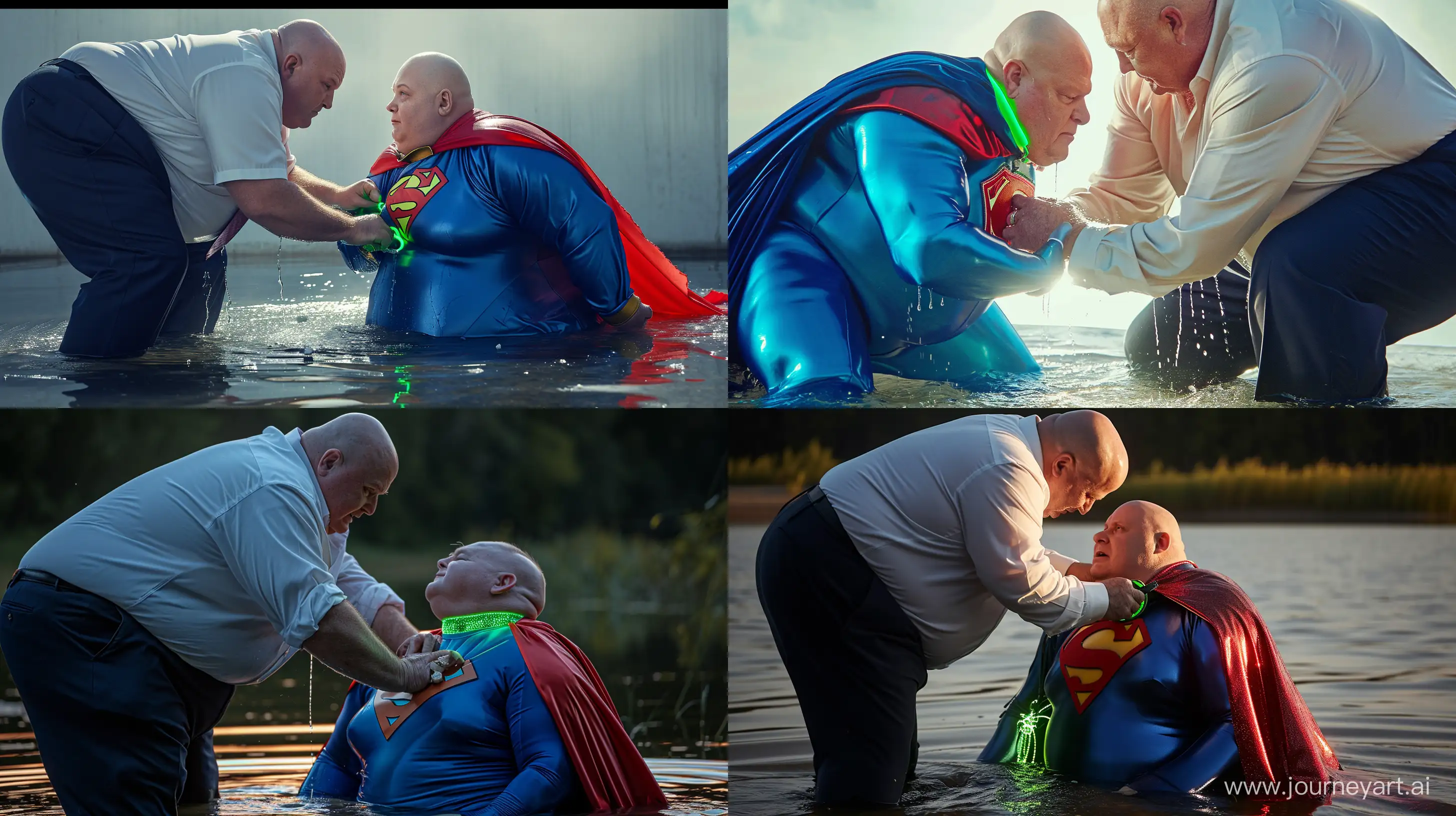 Close-up photo of a chubby man aged 60 wearing silky navy business pants and a white shirt, bending over and tightening a green glowing small short dog collar on the neck of another chubby man aged 60 sitting in the water and wearing a silky blue superman costume with a large red cape holding his own neck. Outside. Bald. Clean Shaven. --style raw --ar 16:9 --v 6