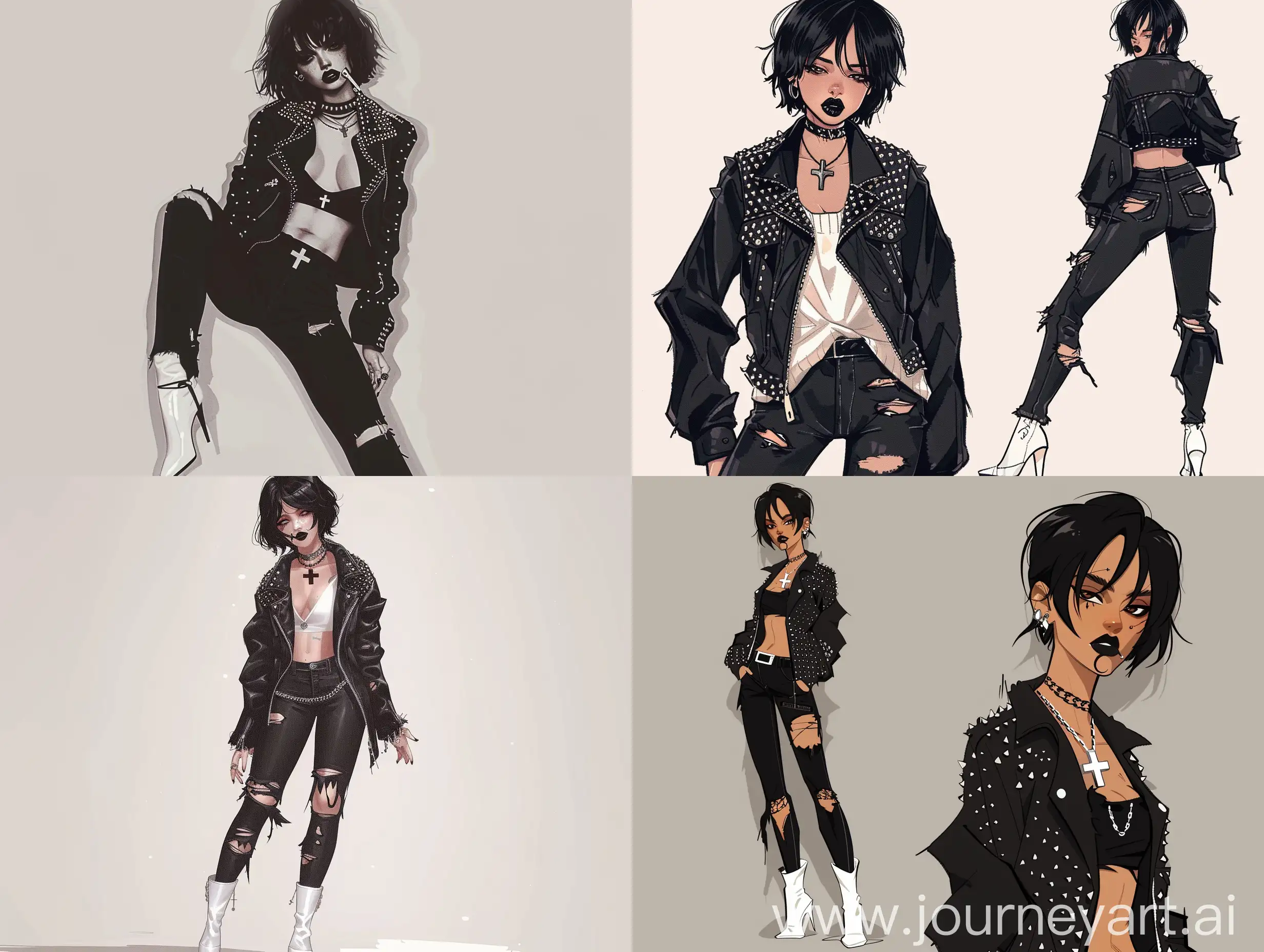 Rocker girl, short black hair, black studded jacket, white stilettos, cross necklace, seductive look, black lips, a lip ring, bad girl, illegal, black jeans, 19 years old, sexy body, standing