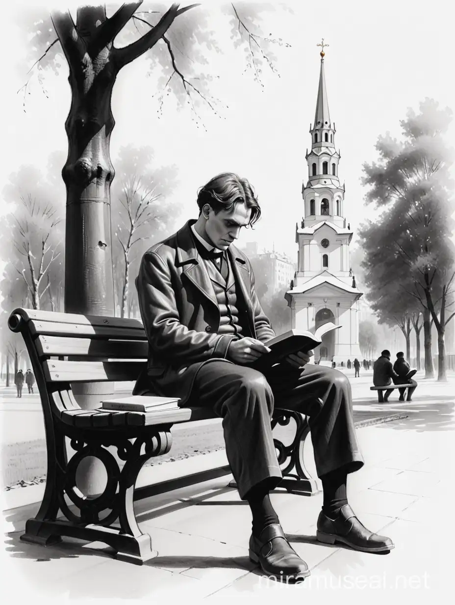 нарисовать карандашом эскиз памятника  : русский поэт Владимир Маяковский сидит на скамье с книгой в руках