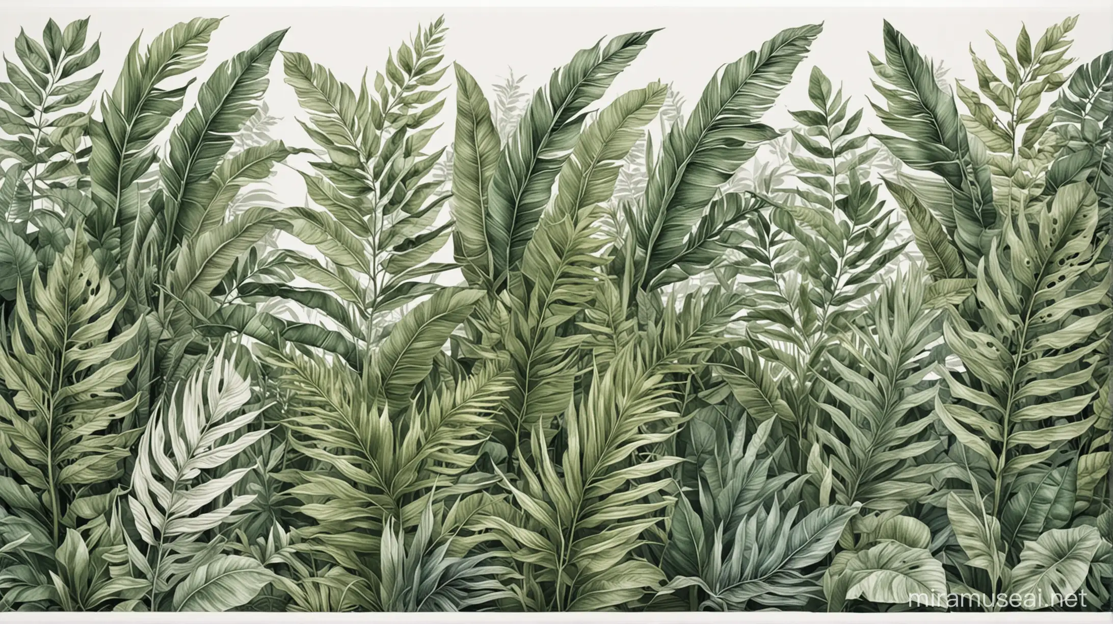 tropikalna bujna roślinność. liście malowane w jednej poziomej linii jeden obok drugiego. stonowana kolorystyka dodaje ciepła. malowane w stylu rysunku odręcznego. białe tło