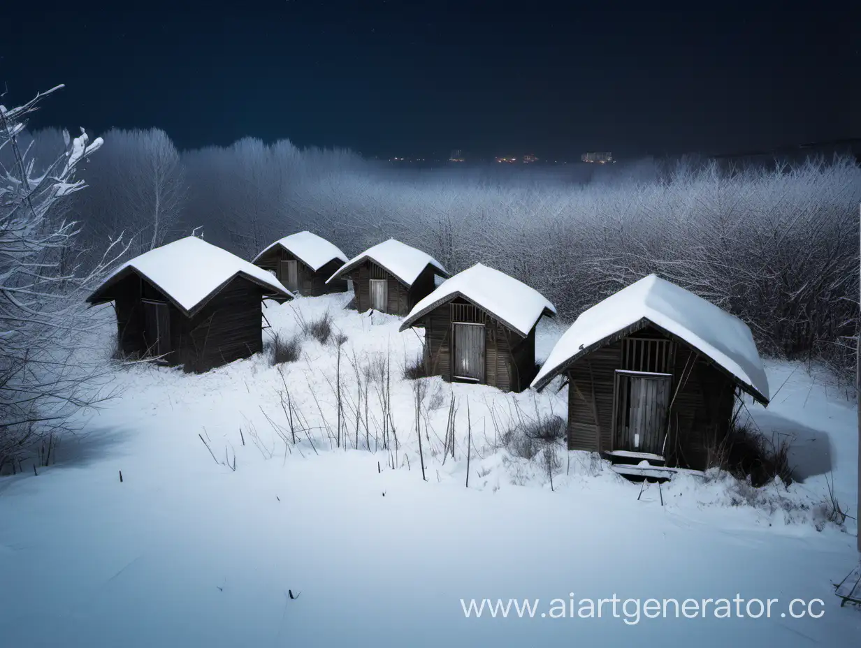 Много заброшенных дерквянных землянок погребов с треугольными крышами стоят в поле зимой заметенные снегом среди кустов ночью без подсветки на склоне холма рядом с пятиэтажным домом в городе