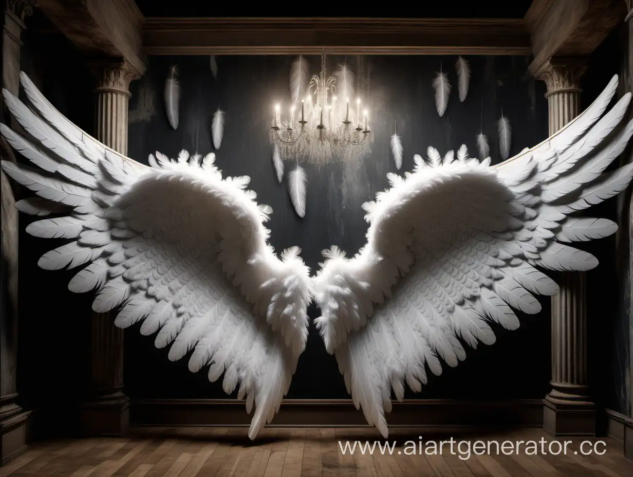 Ultra realistic and extra large white angel wings with real feathers as a digital backdrop in a rustic contemporary palace, with cinematic lighting, ultra-ultra wide shot --v5 ar16;9
