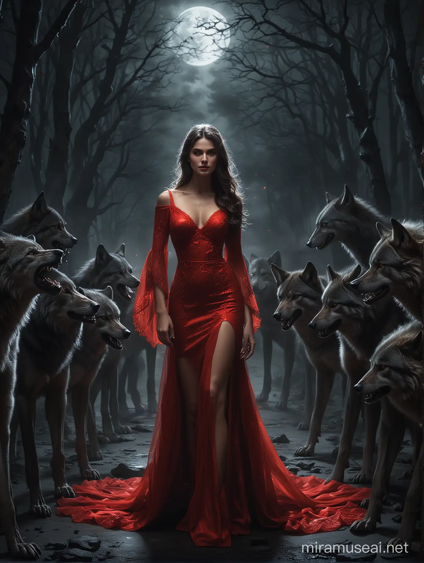 Pretty lady in a luminous red dress, dwelling in a deep shalloe darkness with scary wolves around her