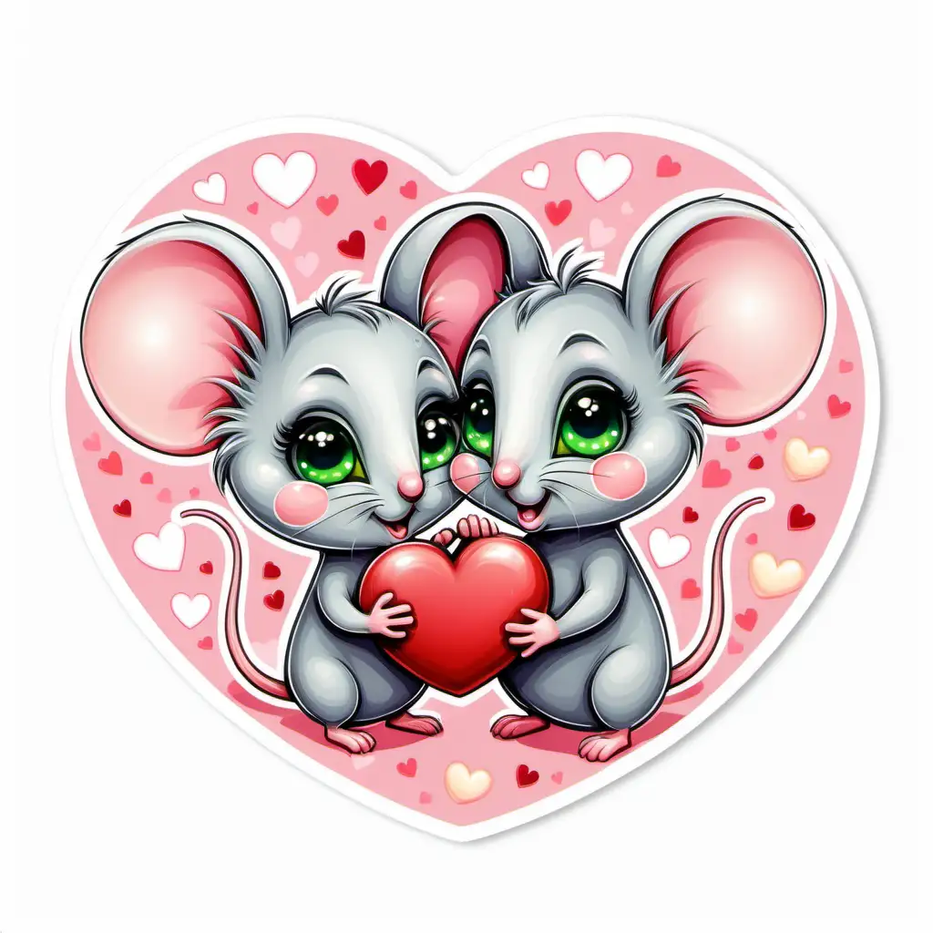 Cute,fairytale,whimsical, pastel,cartoon, baby mouse couple with big ears,big green eyes, ,beautiful valentine background, with valentine hearts around, sticker,white background, bright,colorful