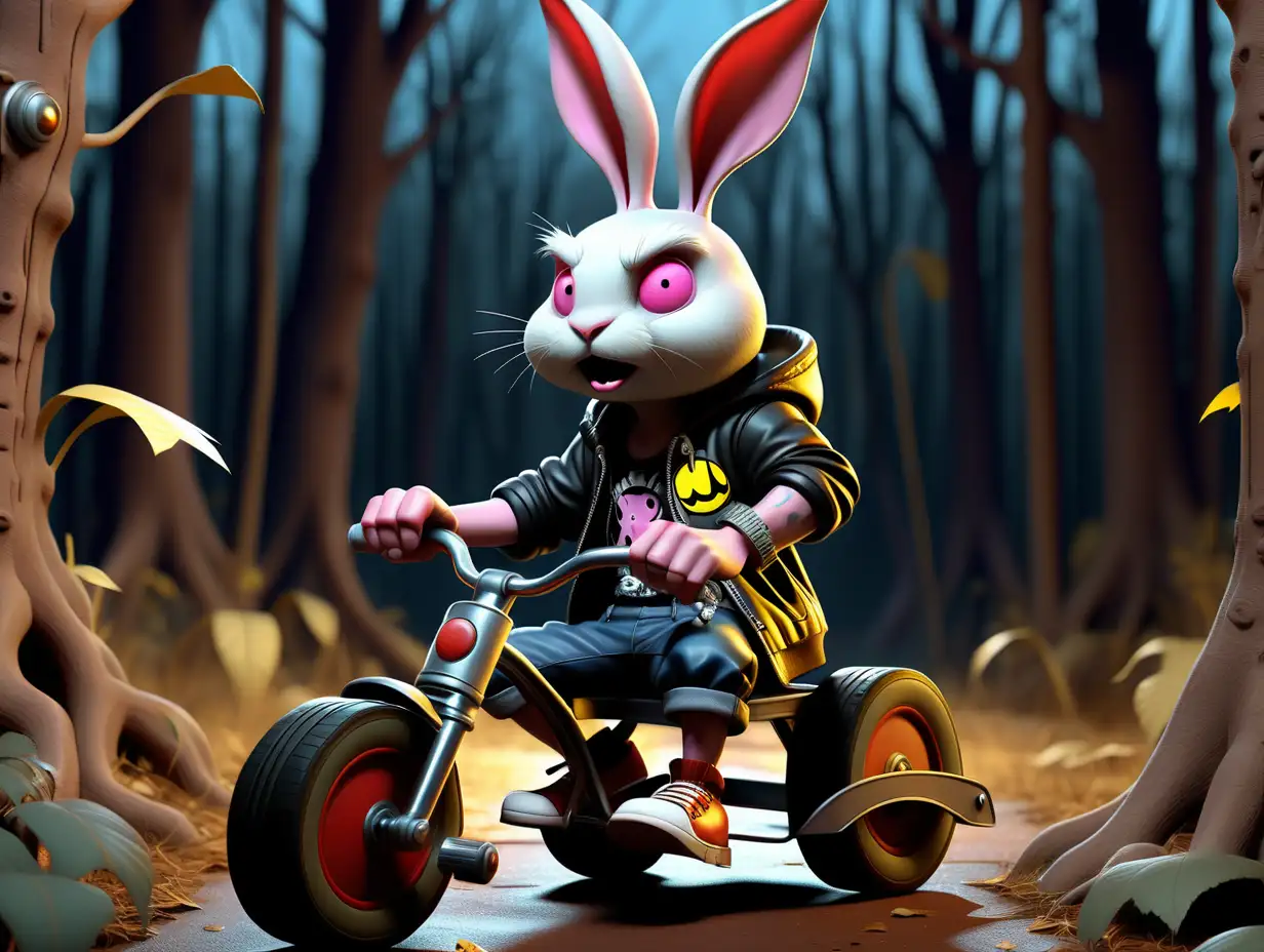 A brutal rabbit on a tricycle in punk rock clothes in the woods In front of him, Pacman stands silhouetted with arms and legs at night cinematic lighting of fary tale,  16k, high detail —v 5.2 intricate details. —stylize rendering 750 —v 5.1 A, crisp neo-pop illustrations, graphic, pop-art style, southern gothic —ar 4:5 —niji 5: