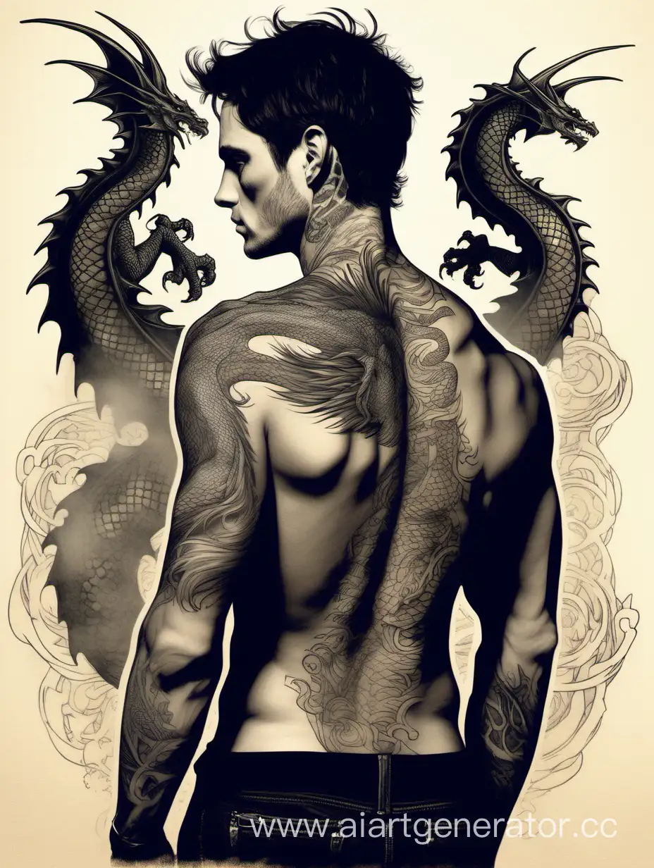 Рисунок мужчина с темными волосами и немного щетиной вид со спины и до бедер и татуировка дракона на лопатке