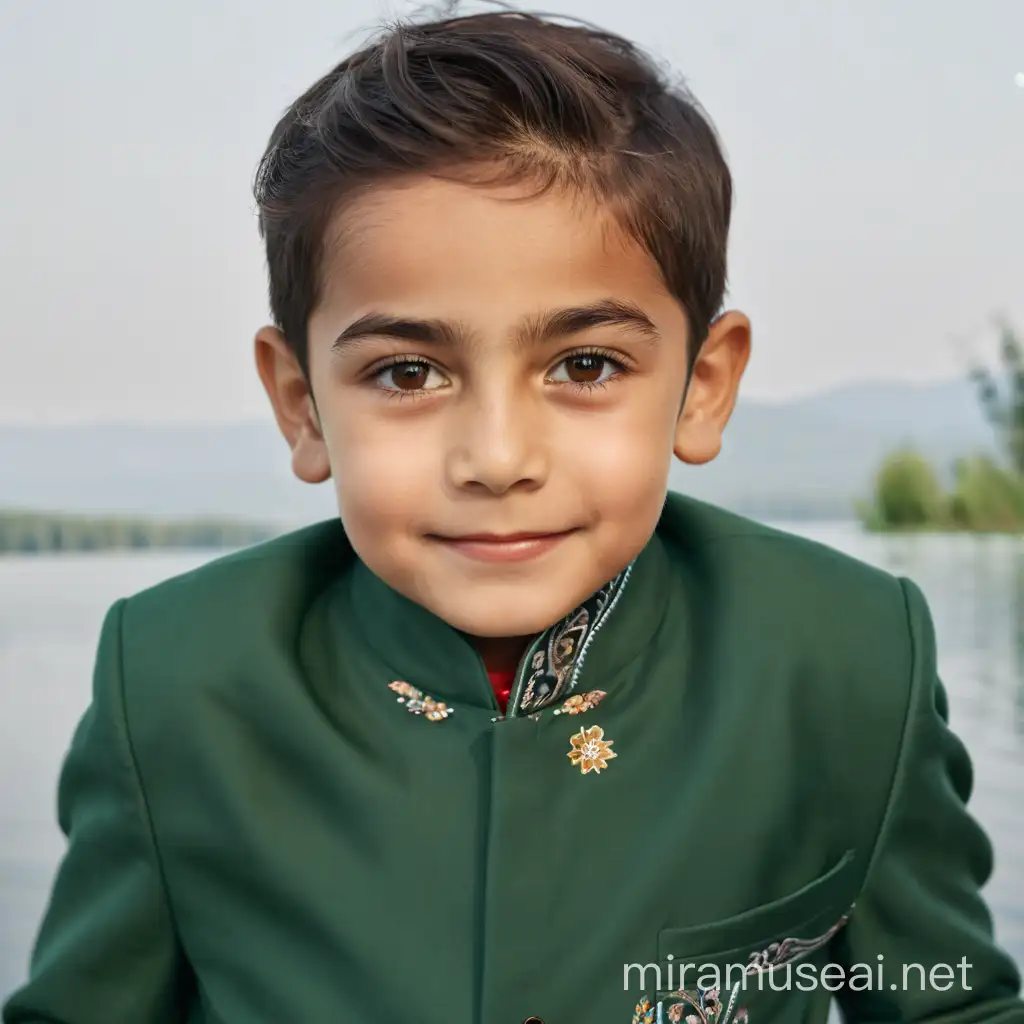 5 years old Boy, Clothes with persian designs, riding horse.
Atmosphere forest, lake, flowers, heavenly.