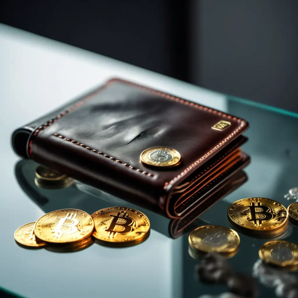 Golden Bitcoin Coins Falling from Leather Wallet on Glass Table