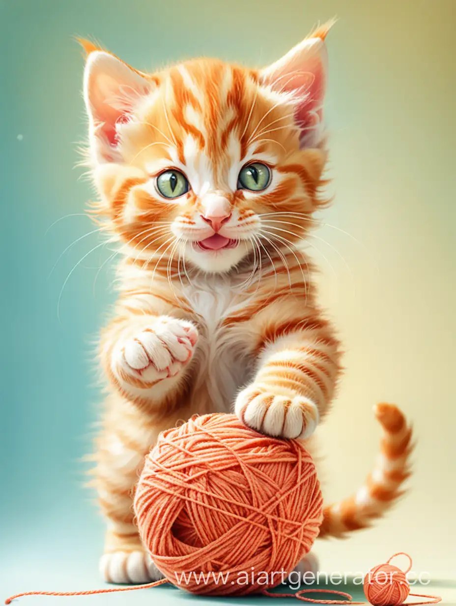 Нарисованный маленький рыжий котенок играет с клубком, яркий фон 