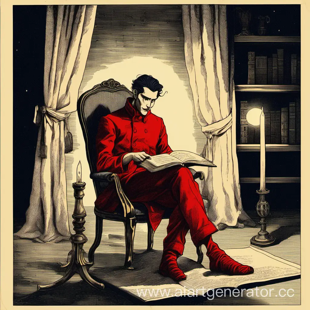Высокий граф 25 лет, в красных одеяниях. На кресле с книгой при свечах. Ночь