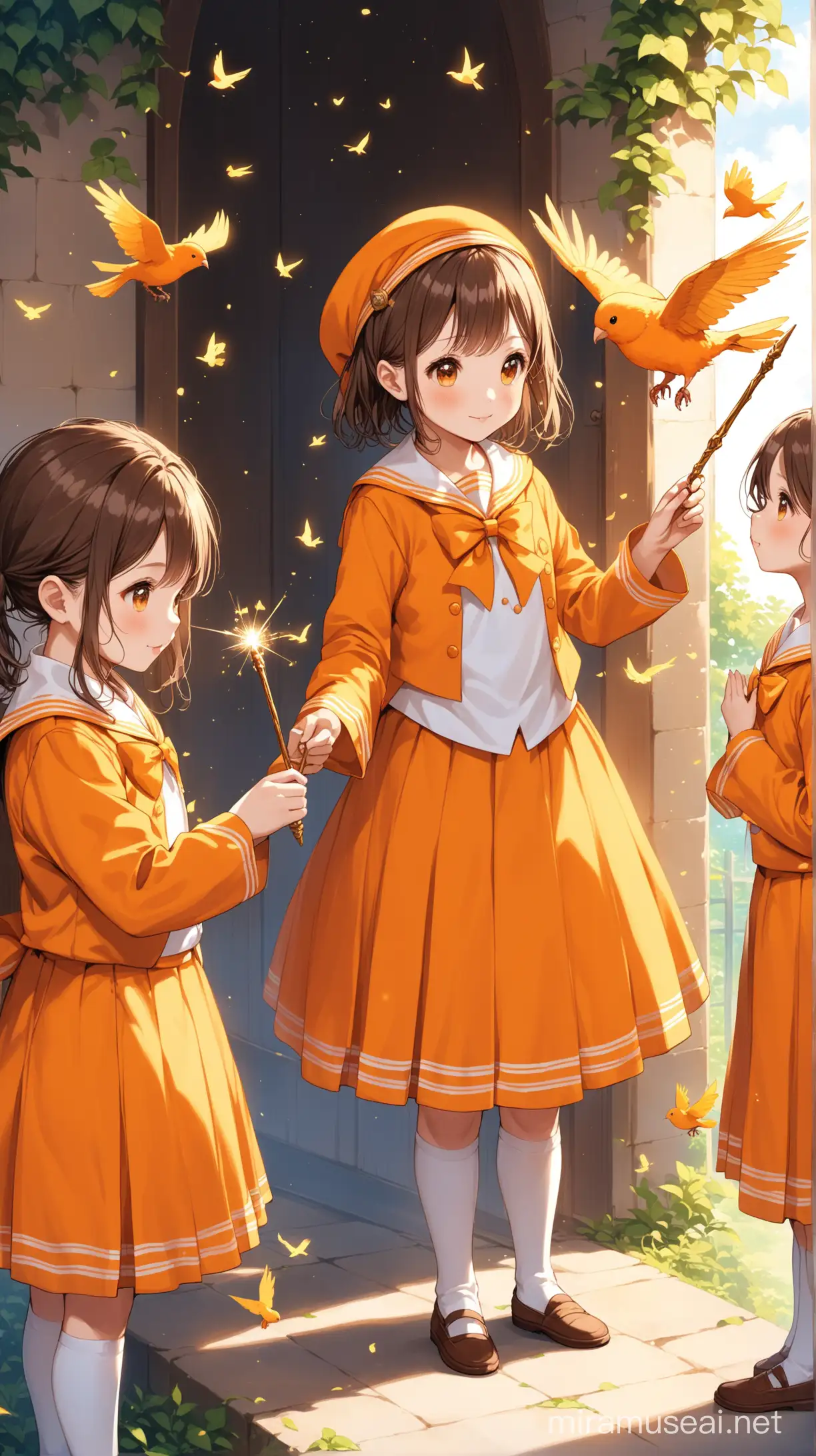 a  school wgere kids are being taught about magic and everyine wears white orange uniform has wands and a pet bird with them
